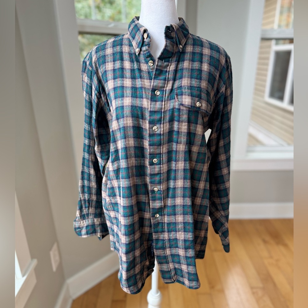 Vintage Lands End Tan Green Purple Plaid Wool Cotton Button Down Flannel Shirt M